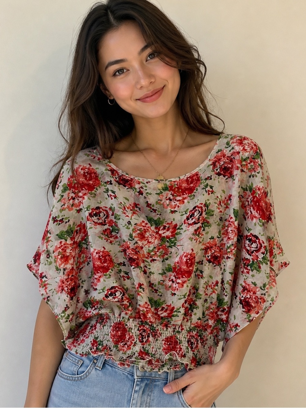 Pink and White Relaxed Blouse with Smocked 3/4 Sleeves